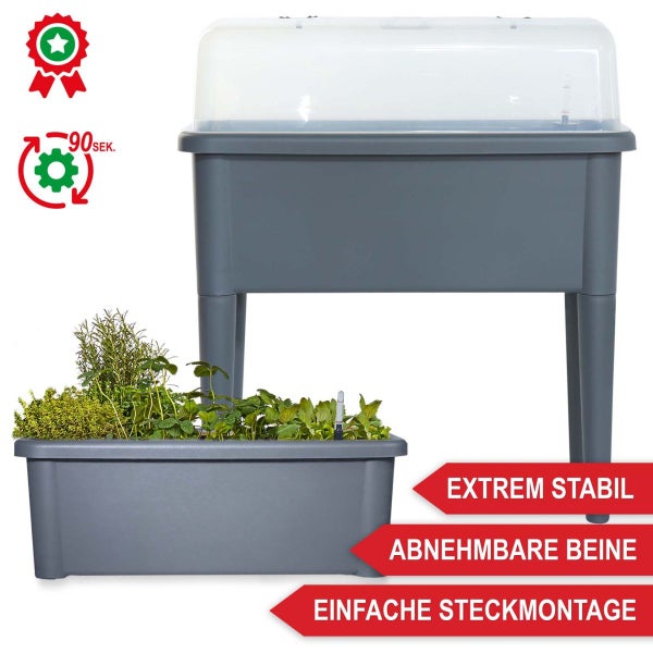 Kunststoff-Hochbeet mit abnehmbaren Beinen, transparenter Abdeckhaube und einfacher Steckmontage in 90 Sekunden. Extrem stabil.