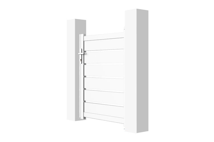 Weiße Gartentür mit horizontalen Lamellen zwischen zwei Pfosten