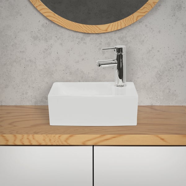 ECD Germany Waschbecken Waschtisch aus Keramik in Weiß 350x205x125 mm Eckig, Hahnloch rechts,  Aufsatzbecken Aufsatzwaschbecken Handwaschbecken Aufsatzwaschtisch Waschschale Waschplatz Handwaschbecken