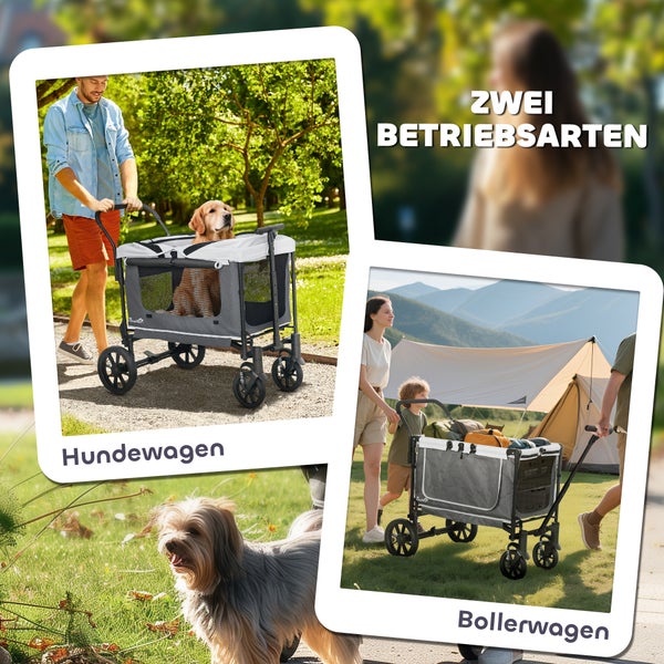 Bild zeigt zwei Arten von Wagen: einen Hundewagen mit Hund und einen Bollerwagen mit Gepäck und Personen.