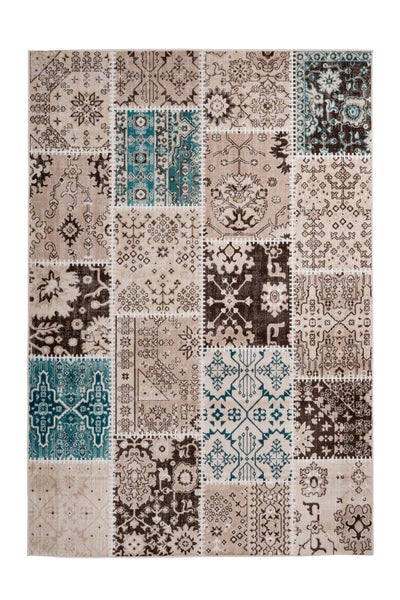 Patchwork-Teppich mit orientalischen und geometrischen Mustern in Beige, Braun und Blau.