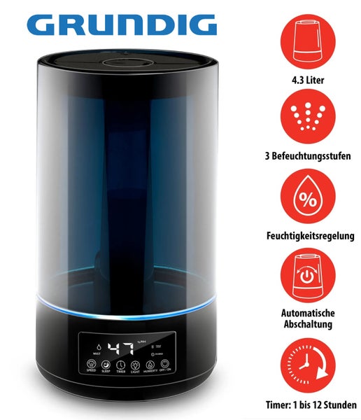 Grundig Luftbefeuchter 4,3L schwarz, Fernbedienung Aroma Diffuser Raumbefeuchter