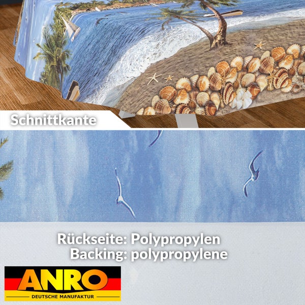 Wachstischdecke mit Strandmotiv, Muscheln und Palmen, Rückseite aus Polypropylen, ANRO Deutsche Manufaktur Logo.