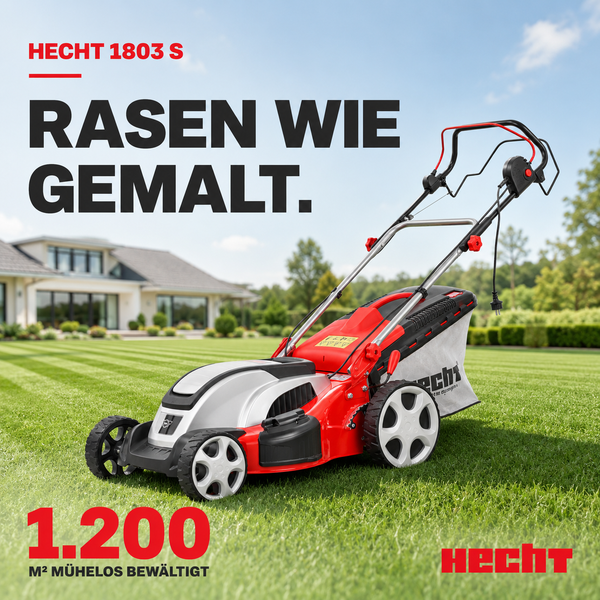 Elektro-Rasenmäher Hecht 1803 S auf einer großen, gepflegten Rasenfläche vor einem modernen Wohnhaus.