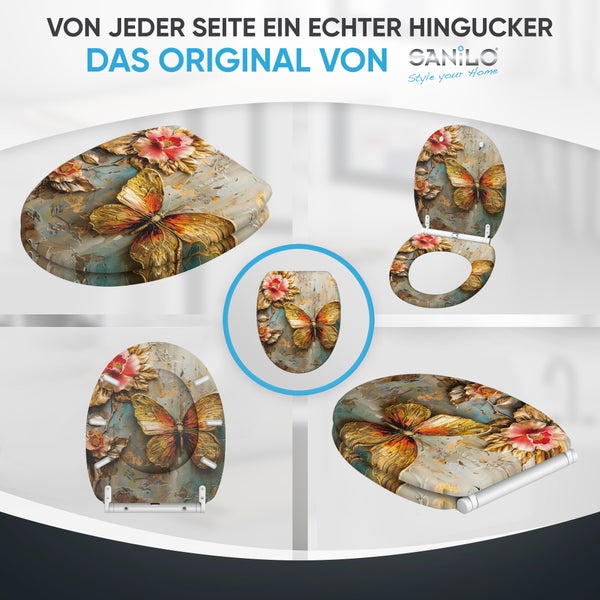 Sanilo WC Sitz mit Schmetterling und Blumen Motiv in verschiedenen Ansichten gezeigt