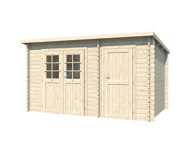 Gartenhaus aus Holz mit Pultdach, Doppeltür mit Sprossenfenstern und separater Einzeltür.