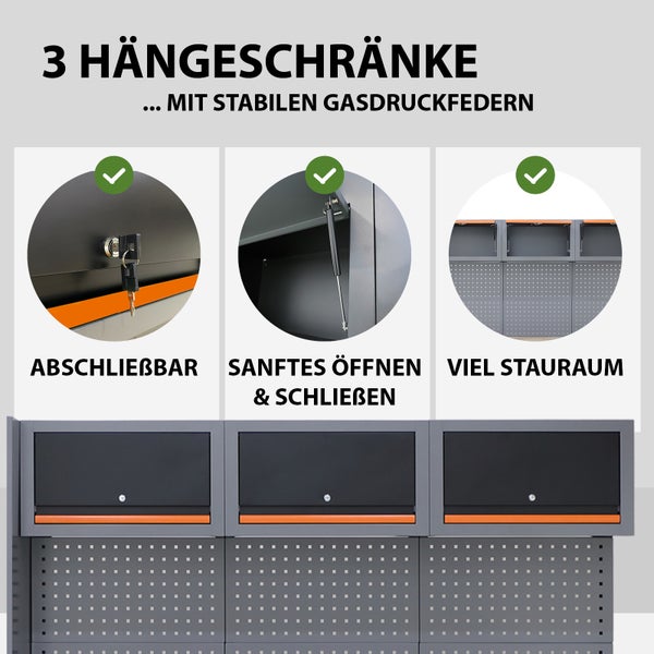 Drei Hängeschränke mit Gasdruckfedern, abschließbar, sanftes Öffnen und Schließen, viel Stauraum