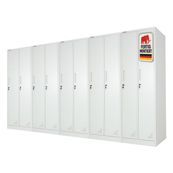 Zehntüriger Spindschrank aus Metall von ProRegal, inklusive Schlössern und Griffen, ProRegal Logo, fertig montiert.