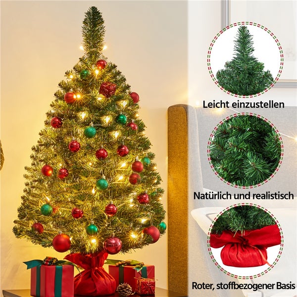 Geschmückter Tannenbaum mit LED-Beleuchtung und Geschenken