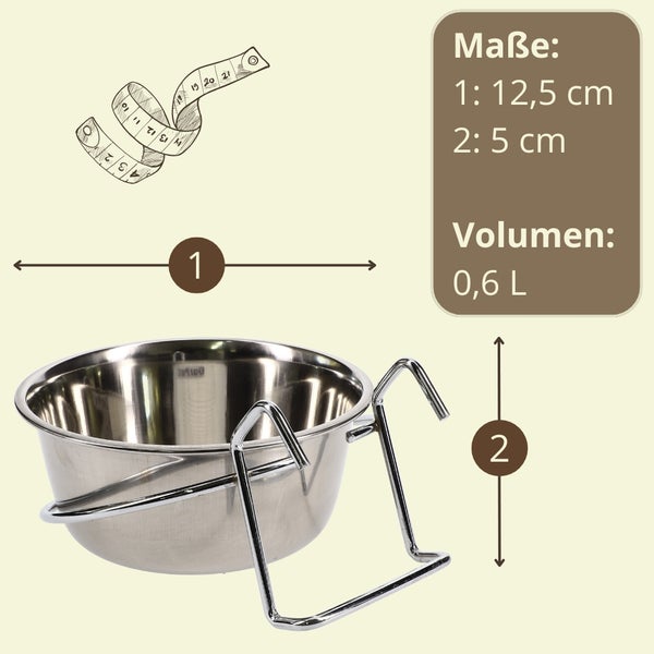 Edelstahlnapf mit Halterung, Maße 1: 12,5 cm, Maße 2: 5 cm, Volumen 0,6 Liter