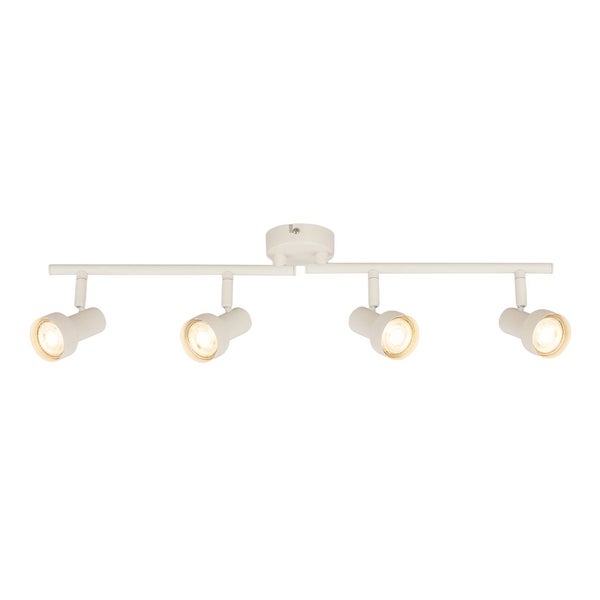 Weißer Deckenstrahler mit vier verstellbaren LED-Spots an einer geraden Schiene.