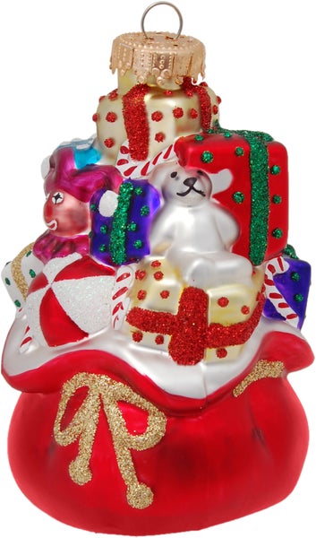 Multicolor 10cm Weihnachtsmannsack mit Geschenken, Glasornament, mundgeblasen und handdekoriert, 1 Stck., Weihnachtsbaumkugeln, Christbaumschmuck, Weihnachtsbaumanhänger