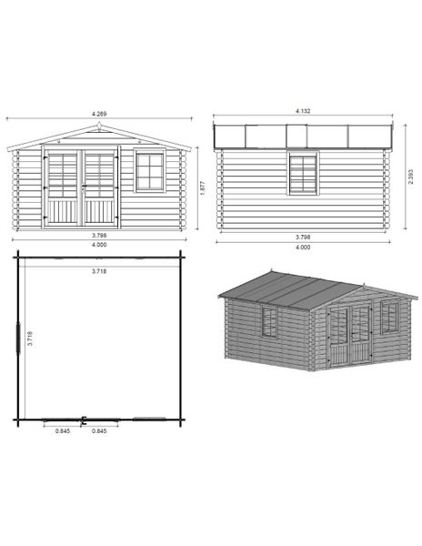 Technische Zeichnung eines Gartenhauses aus Holz mit Abmessungen, inklusive Grundriss, Frontansicht, Seitenansicht und dreidimensionaler Ansicht.