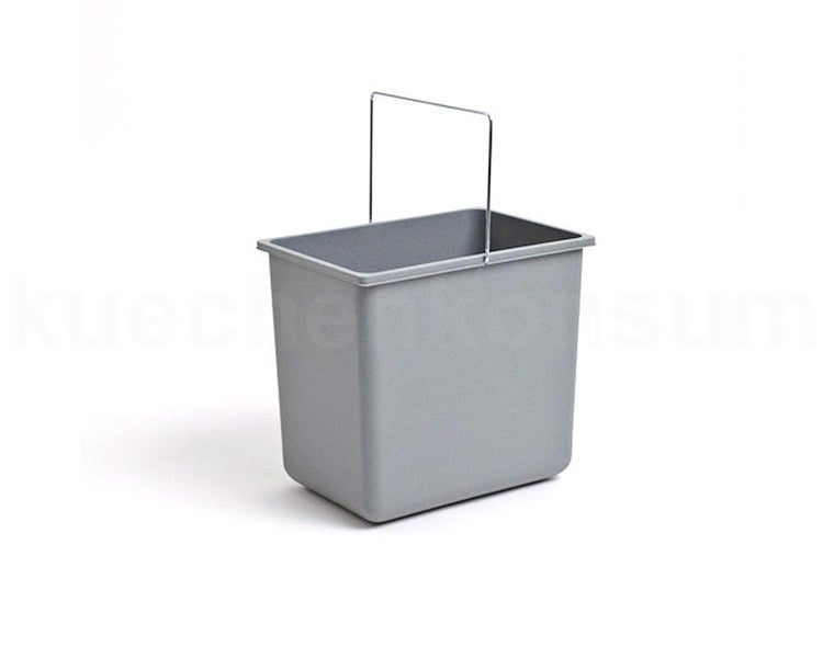 Grauer rechteckiger Kunststoffeimer mit Metallbügel.