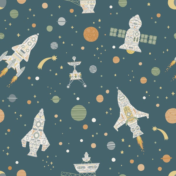 Kindertapete mit Weltraum-Motiv, illustriert mit Raketen, Raumschiffen, Satelliten, Planeten und Sternen.