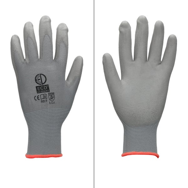 ECD Germany 144 Paar Arbeitshandschuhe mit PU-Beschichtung, Größe 7-S, Grau, atmungsaktiv, rutschfest, robust, Mechanikerhandschuhe Montagehandschuhe Schutzhandschuhe Gartenhandschuhe Handschuhe