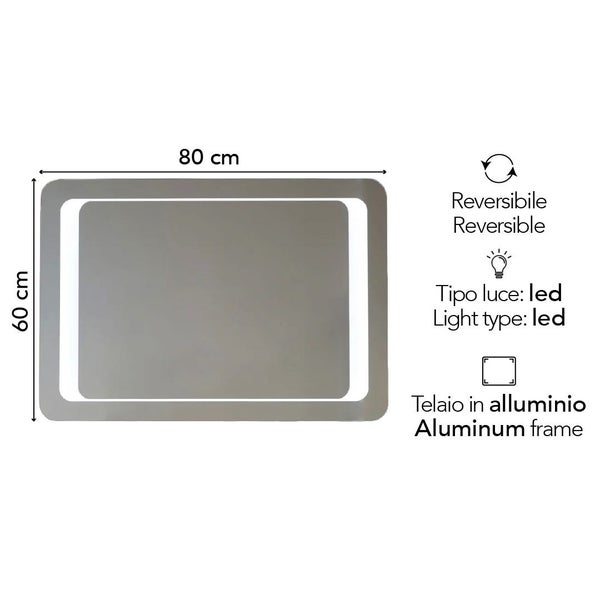LED Badspiegel 80 mal 60 Zentimeter mit Aluminiumrahmen, reversibel montierbar, rechteckig mit abgerundeten Ecken.