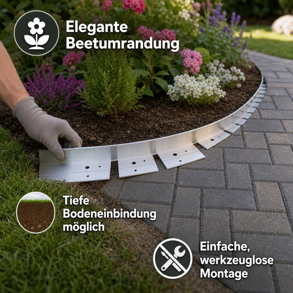 Metall Beetumrandung für eine einfache Gartenbegrenzung mit Montagehinweisen und Symbolen für die Installation im Garten.