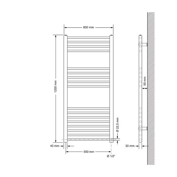 LuxeBath Elektrischer Badheizkörper Sahara 600x1200 mm Weiß gerade Seitenanschluss & Heizstab 1200W mit Thermostat & Digitalanzeige, Handtuchheizkörper mit Heizpatrone, Handtuchwärmer Handtuchtrockner