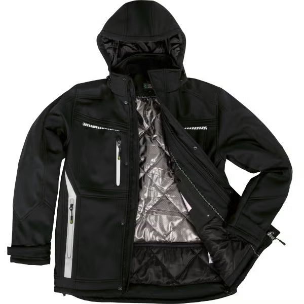 Schwarze Softshell-Arbeitsjacke mit Kapuze, Reflexstreifen und gestepptem Innenfutter.