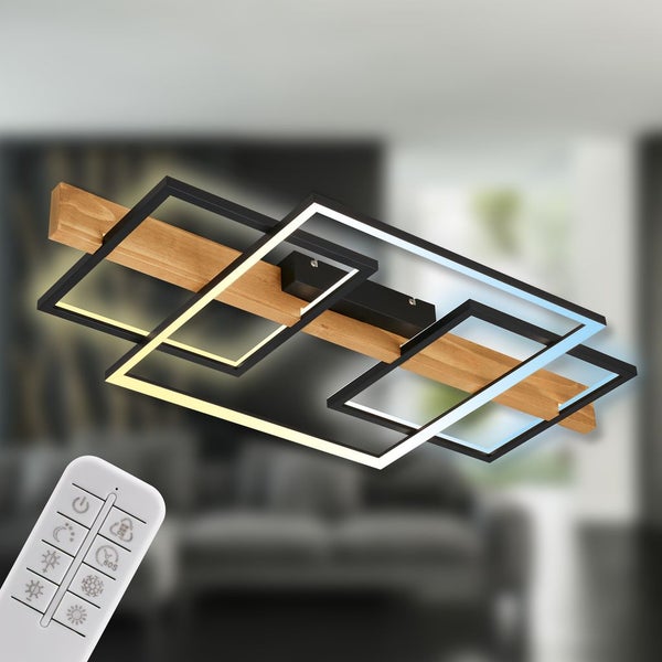 Briloner Cadre LED Deckenlampe, Indirektes Licht, Dimmbar, Speicherfunktion, Fernbedienung, Schwarz-Holz, 75 x 40 x 8 cm