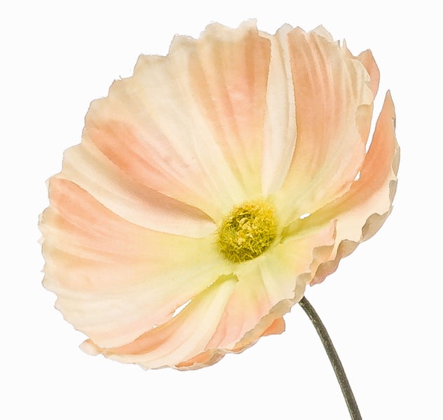 Künstliche Schmuckkörbchen-Blume mit drei pfirsichfarbenen Blüten und grünem Stiel.