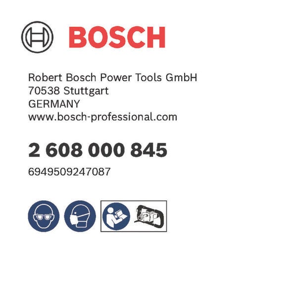 Bosch Logo mit Herstellerangaben, Artikelnummer 2608000845 sowie Sicherheitssymbolen für Augenschutz, Atemschutz und Bedienungsanleitung.