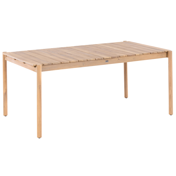 Rechteckiger Gartentisch aus Holz mit Tischplatte aus Latten und vier Beinen.