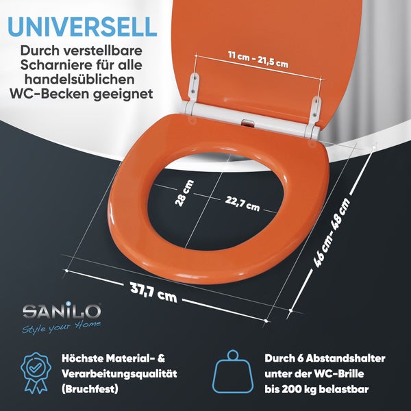 Orangefarbener, bruchfester WC-Sitz, Universalpassform, Scharniere 11 bis 21,5 Zentimeter, Maße 37,7 mal 46 bis 48 Zentimeter, belastbar bis 200 Kilogramm.