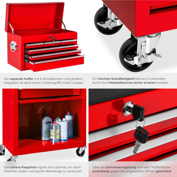 Werkzeugwagen mit sechs Schubfächern, einem Klappfach und zwei feststellbaren Lenkrollen