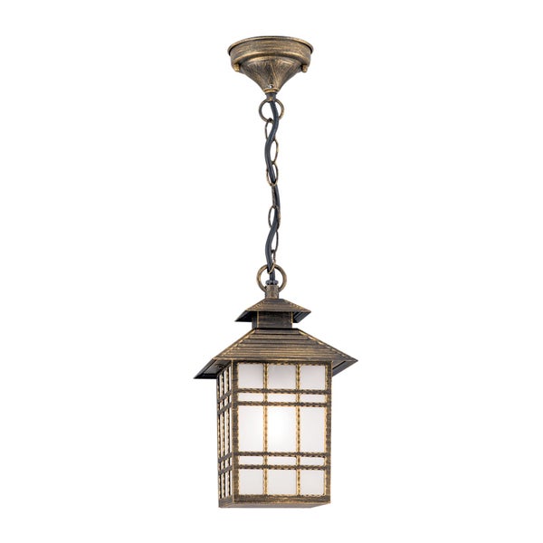 Traditionelle Außen-Hängeleuchte in Laternenform mit Kettenaufhängung und Milchglas-Einsätzen.