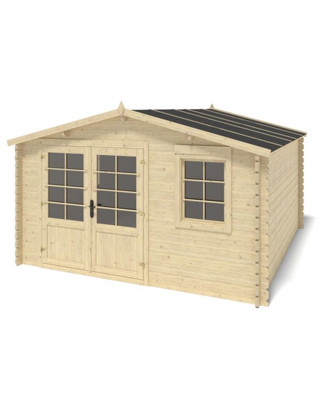 Gartenhaus aus Holz mit Doppeltür und Fenster, Blockbohlenbauweise mit Satteldach.