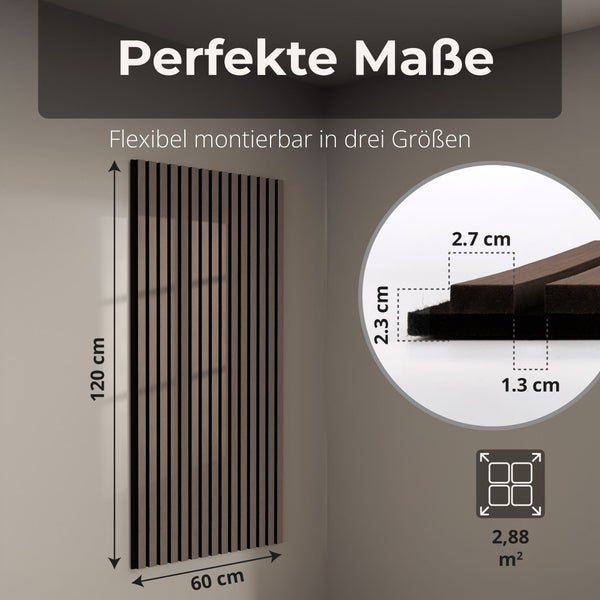 Akustikpaneel mit Maßen: Höhe 120 Zentimeter, Breite 60 Zentimeter, Lamellenbreite 2,7 Zentimeter, Gesamttiefe 2,3 Zentimeter, Fläche 2,88 Quadratmeter.