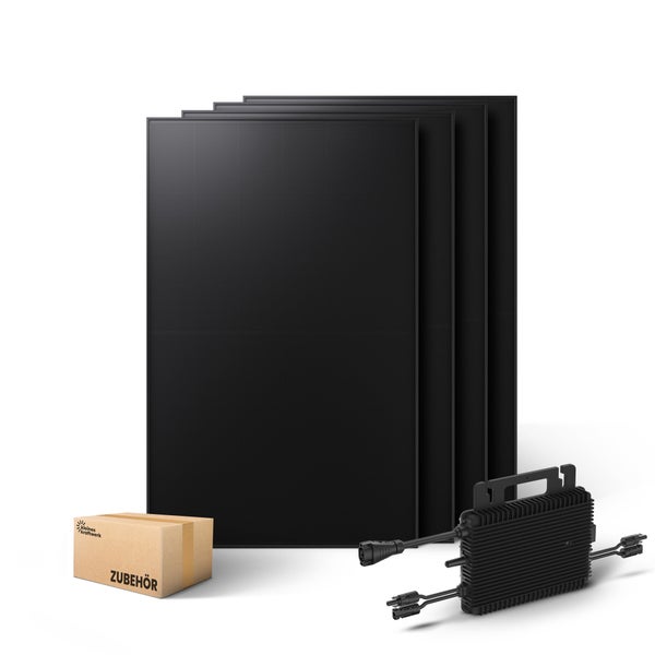 Set mit Solarmodulen, Wechselrichter und Zubehörkarton für Balkonkraftwerk