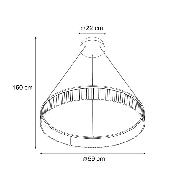 Technische Zeichnung einer Pendelleuchte mit den Maßen 22 Zentimeter Durchmesser Aufhängung, 59 Zentimeter Durchmesser Lampenring, 150 Zentimeter Höhe.