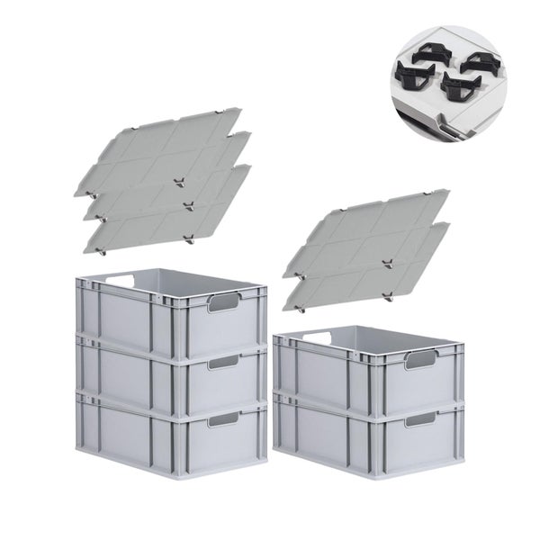 PROREGAL Spar Set 5x Eurobox Nextgen Economy Mit Auflagedeckel & 4x Schiebeschnappverschlüsse Schwarz Griffe Offen HxBxT 22 x 40 x 60 cm 44 Liter