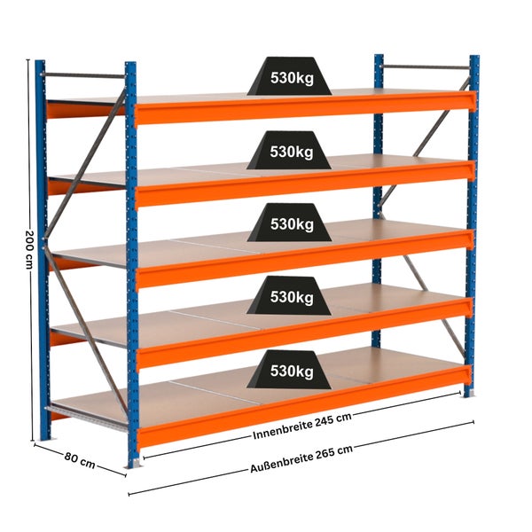 Lagerregal mit fünf Ebenen und den Maßen 200 cm Höhe, 80 cm Tiefe und 265 cm Außenbreite