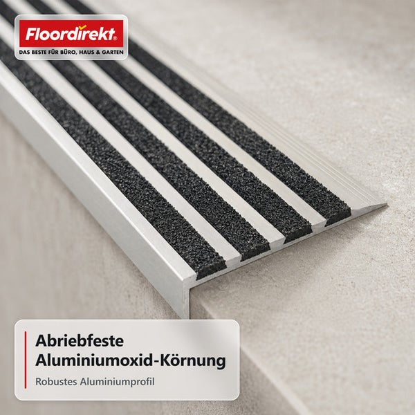Treppenkantenprofil aus Aluminium mit rutschfester Aluminiumoxid Beschichtung und Floordirekt Logo
