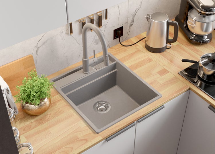 PRIMAGRAN Spülbecken Grau 48x53cm, Granitspüle 1 Becken + Ablauf-Set + Küchenzubehörset, Küchenspüle ab 50er Unterschrank - Oslo Pocket