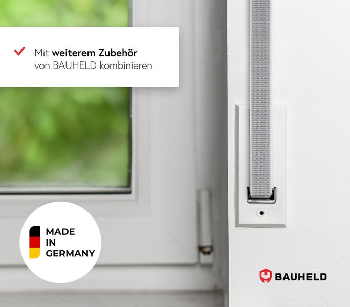 Fenster mit Rollladenband und Halterung. Hergestellt in Deutschland. BAUHELD Logo.