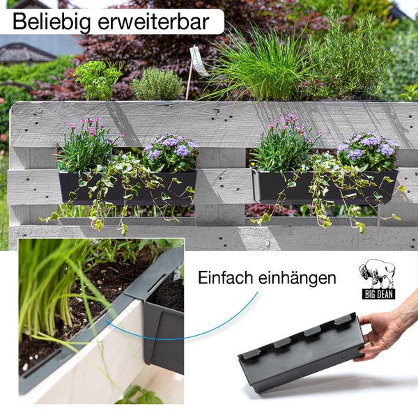 BigDean 6er Set Paletten Blumenkästen - Einsatz - mit Hängesystem zum Einhängen - 37cm anthrazit - Pflanzkasten für Europalette Balkonkasten Blumentopf - aus recyceltem PP-Kunststoff