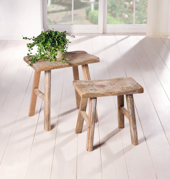 FRANK FLECHTWAREN | Holzhocker Rustikal, 2er Set, HOLZ, 30 x 18 x 28 cm, 35 x 22 x 35 cm