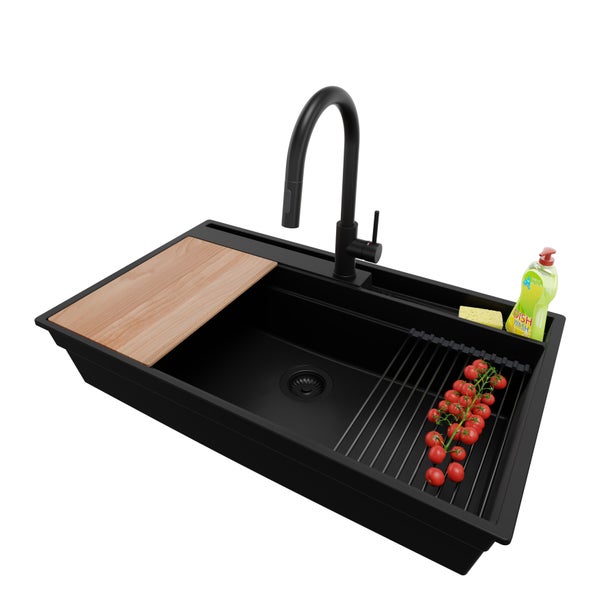 PRIMAGRAN Granitspüle Alles Schwarz 88x53cm, Spülbecken 1 Becken + Küchenarmatur 40x20cm + Ablauf-Set + Küchenzubehörset, Küchenspüle ab 90er Unterschrank - Oslo Pocket