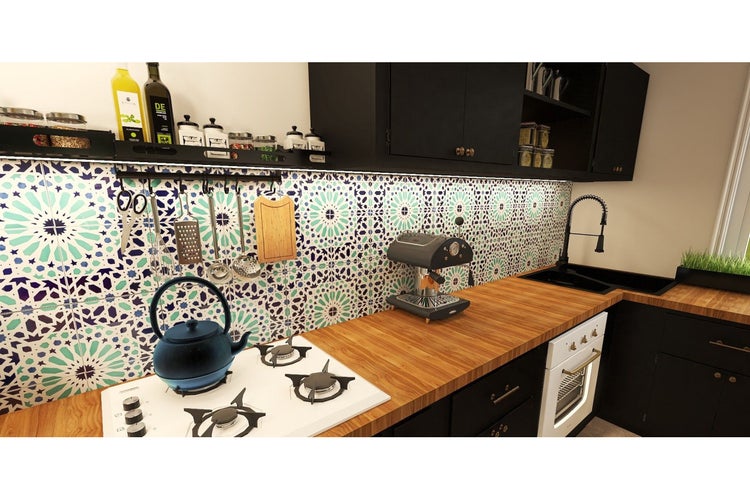 Küchenszene mit Spüle, Herd, Kaffeemaschine und Küchenutensilien vor gemusterten Fliesen