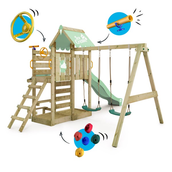 WICKEY Spielturm Klettergerüst VanillaFlyer mit Schaukel und Rutsche, Kletterturm mit Sandkasten, Leiter und Spiel-Zubehör – pastellgrün