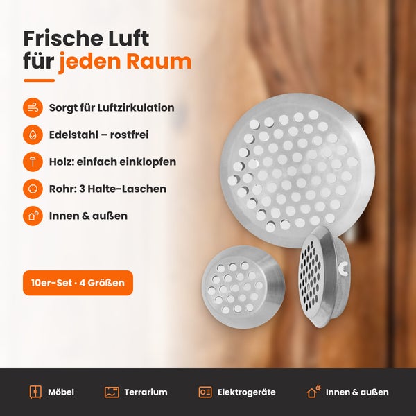 Set von zehn runden Lüftungsgittern aus Edelstahl für Möbel und Terrarien mit drei Halte-Laschen zur einfachen Montage durch Einklopfen.