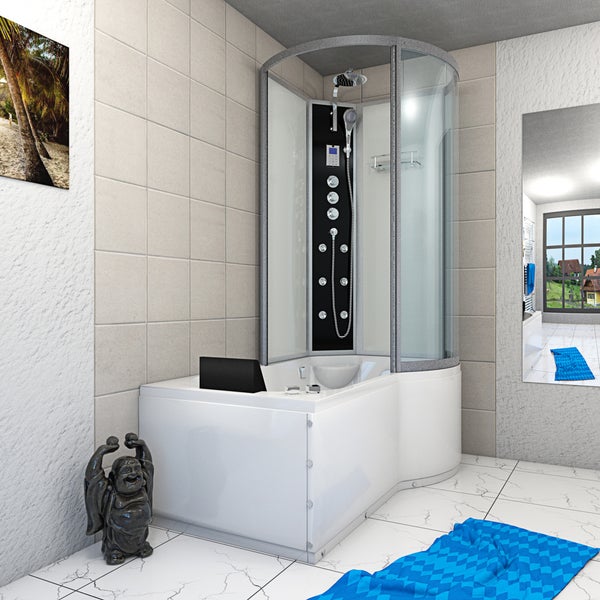 Moderne Badkombination aus Whirlpool-Badewanne und Dampfduschkabine mit Massagedüsen, Regenduschkopf und Glaswänden in einem hellen Badezimmer.