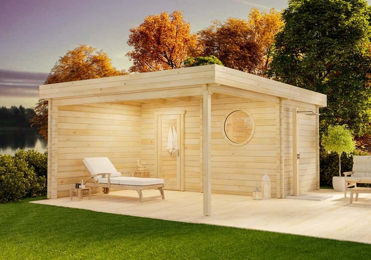 FinnTherm Saunahaus Cubus-70 Royal Gartensauna 3 Sitzbänke aus Holz, Sauna mit 70 mm Wandstärke, Außensauna mit Montagematerial, Naturbelassen 4,1x5,5m