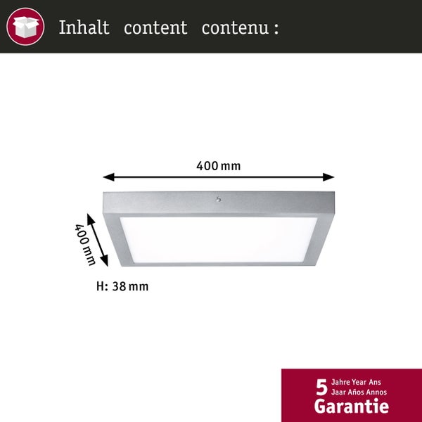 Quadratische silberne LED-Deckenleuchte, Maße 400 mal 400 Millimeter, Höhe 38 Millimeter, mit 5 Jahren Garantie.