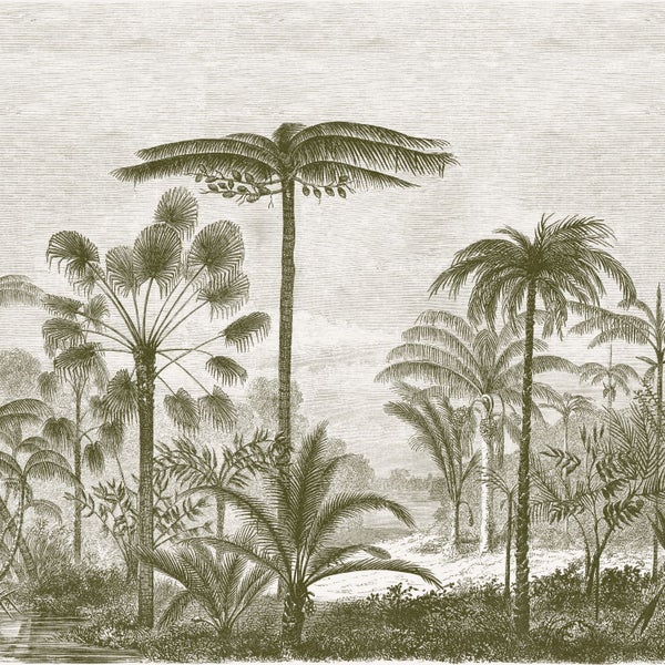 Vliestapete mit tropischem Palmen-Motiv im Vintage-Stil, Illustration verschiedener Palmenarten, fein gezeichnete Details.